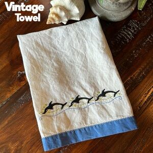 Vintage Cotton Towel-Embroidered Dolphin/Killer Whale? Detail-White/Blue Trim